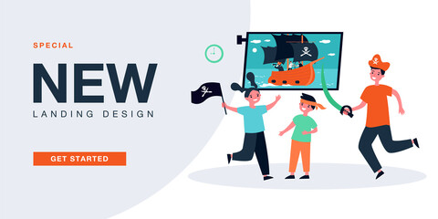 Children watching movie about pirates and playing game. Happy kids imagining search of treasure flat vector illustration. Fantasy, entertainment concept for banner, website design or landing web page