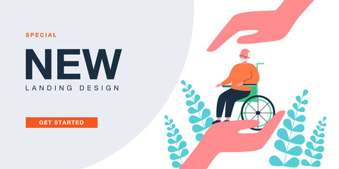 Giant hands holding elderly man on wheelchair. Senior person with physical disability flat vector illustration. Disability, elderly care, support concept for banner, website design or landing web page