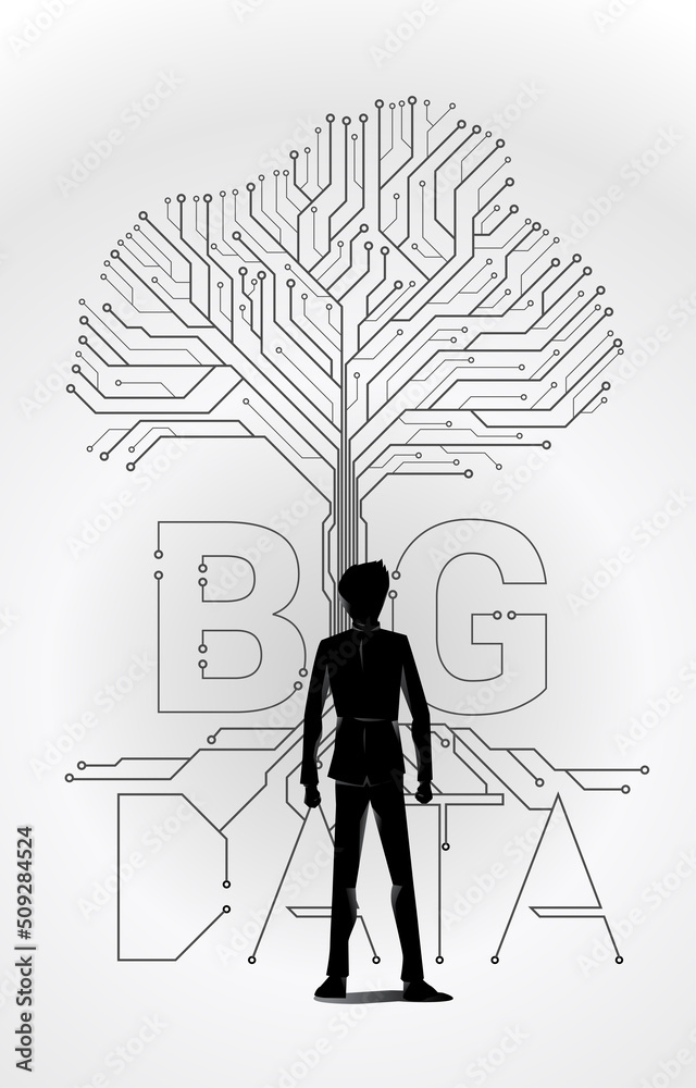Poster Businessman and Tree with from digital line connect dot circuit board style. Background concept for big data and digital transformation.