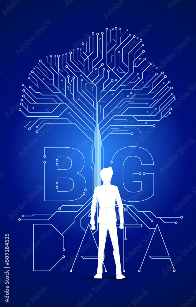 Aufkleber Businessman and Tree with from digital line connect dot circuit board style. Background concept for big data and digital transformation.