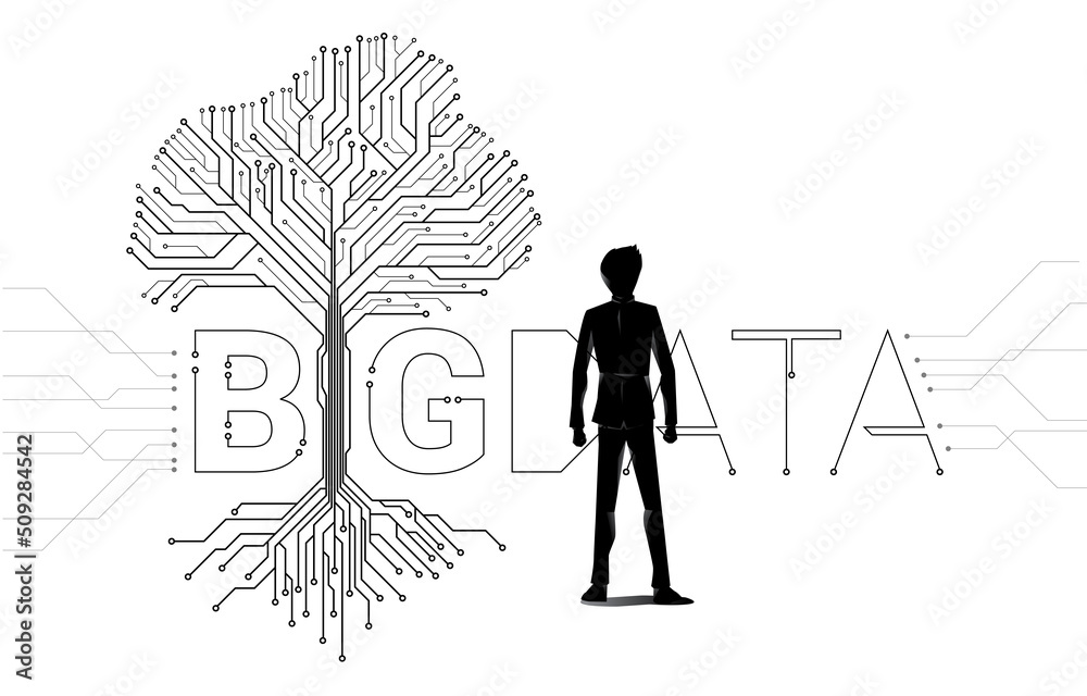Aufkleber Businessman and Tree with from digital line connect dot circuit board style. Background concept for big data and digital transformation.