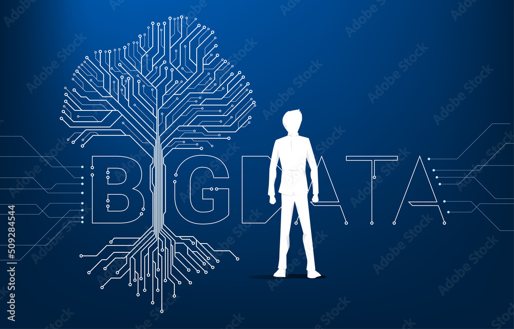 Aufkleber Businessman and Tree with from digital line connect dot circuit board style. Background concept for big data and digital transformation.