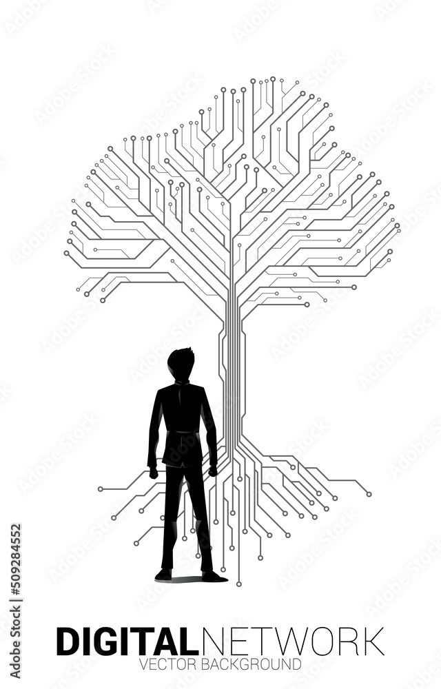 Poster Businessman and Tree with from digital line connect dot circuit board style. Background concept for digital transformation.