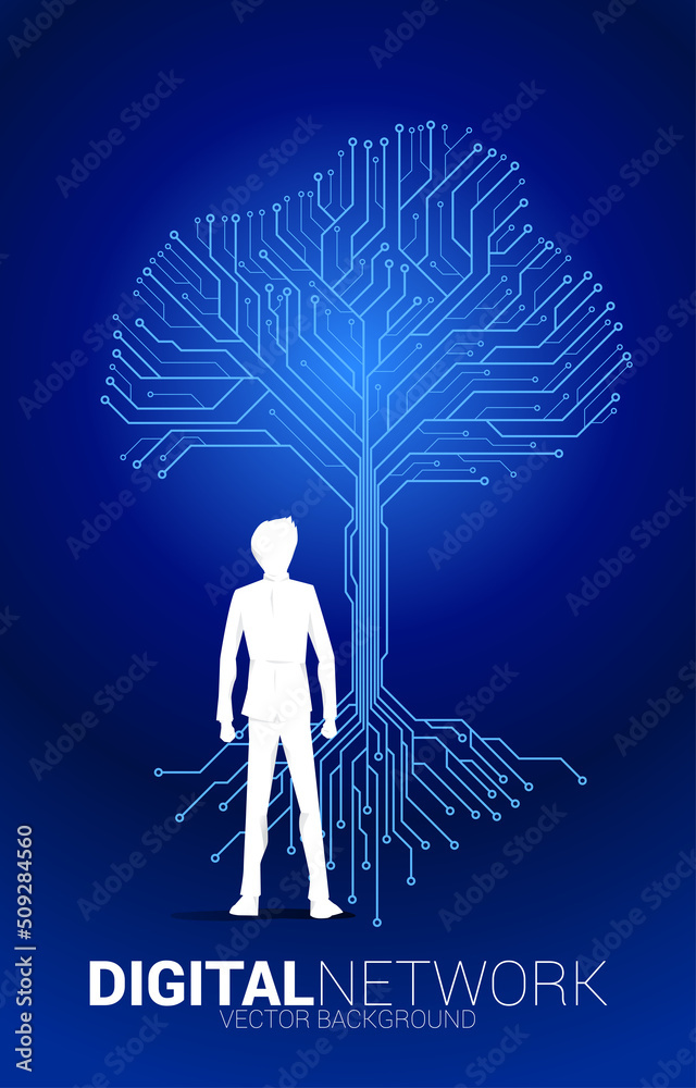 Poster Businessman and Tree with from digital line connect dot circuit board style. Background concept for digital transformation.
