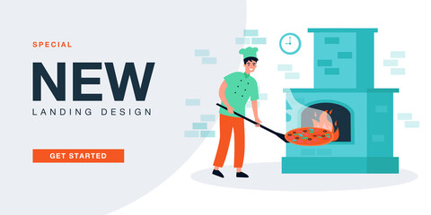 Chef putting pizza on shovel to brick stone oven with fire. Work of traditional male baker flat vector illustration. Profession, pizzeria concept for banner, website design or landing web page