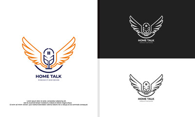 Fototapeta na wymiar logo illustration vector graphic of mic combined with house and wing, fit for real estate company, podcast talking about building etc.