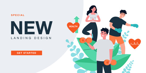 Athletes training heart with physical exercises. People doing yoga, boxing and dumbbell workout flat vector illustration. Sports, activity concept for banner, website design or landing web page