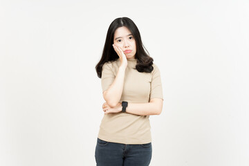 Hand on Face Boring Gesture Of Beautiful Asian Woman Isolated On White Background