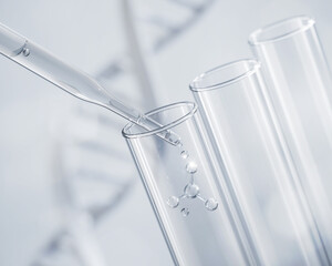 Cosmetic pipette with liquid molecule,Genetic research and science Concept, medical chemistry lab, 3d rendering.
