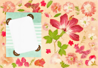 Page from old photo album. Flowers in watercolor style. For texture, wrapper pattern or greeting, card, postcards. Digital painting-illustration. Watercolor drawing. Scrapbooking element.