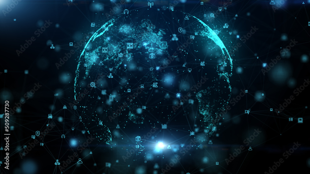Poster Technology Digital Data Network Connection, Big Data Blockchain Connection, Cyber Security, Futuristic Technology Social Network and Global Network Background Concept. 3d rendering