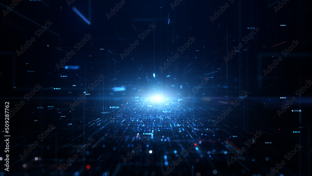 Aufkleber Digital cyberspace and digital data network connections. Digital data hi-speed internet and blockchain connection, Future technology abstract background concept. 3d rendering