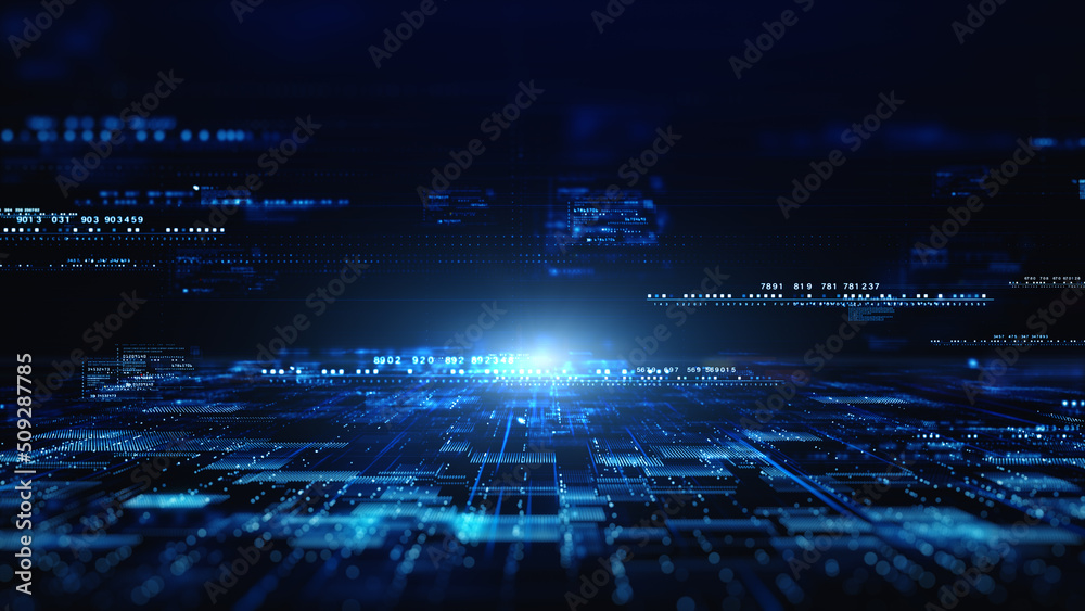 Poster digital cyberspace with particles, digital data network connections, big data hi-speed internet conn