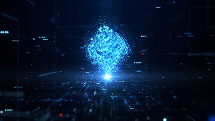 Blue Digital Cube Circle Rotation, Technology and Metaverse, Technology Digital Data Network and Blockchain Connection, Abstract Background, 3d rendering