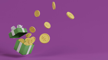 Golden coins exploded from open gift boxes on purple background. Jackpot concept. 3d illustration.