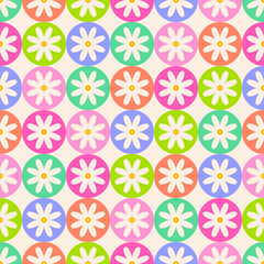 Daisy flower with colorful dot seamless pattern background.