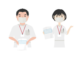 Fototapeta premium マスクを着けて薬を処方している薬剤師たち（上半身） 