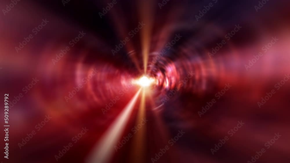 Sticker 3d abstract jump in space in hyperspace tunnel. space travel flight in purple red light wormhole tun