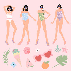 Girls with swimsuits and summer accessories set. Girls posing, ice cream, sunglasses, fruits, palm leaves. - 509289788