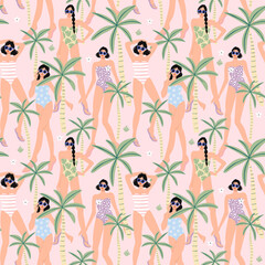 Summer girls and palm trees seamless pattern. Tropical holiday on the beach background.