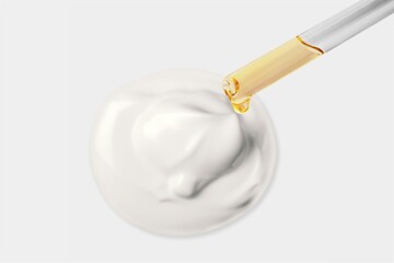 Cosmetic pipette with drops of oil, on the background of white cosmetic cream smear on the desk