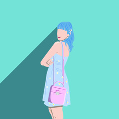 vector woman with blue hair and her cute bag.