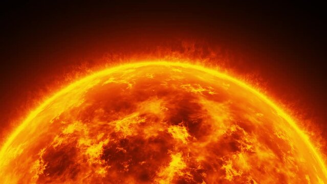 Abstract close up Sun sphere atmosphere on black background. Burning fire gas energy solar plasma and flare planet element looped background. 4K 3D rendering Ideal for visual effects and motion graphi