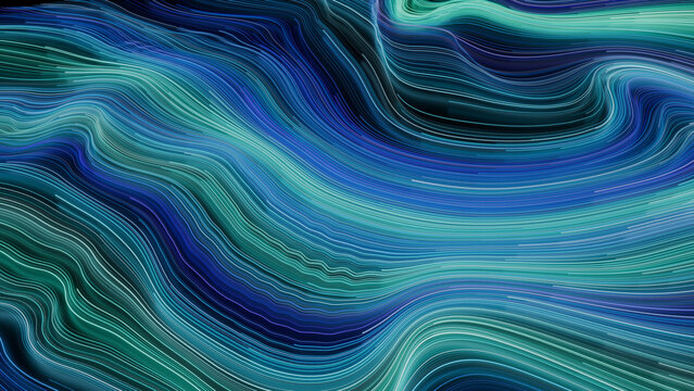 Blue, Purple and Green Colored Curves form Colorful Swoosh Background. 3D Render.