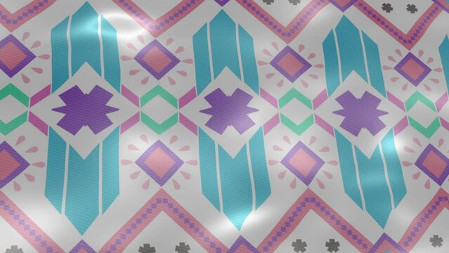 Video motion graphic background. Geometric ethnic pattern on silk fabric wind. Design for fabric, curtain, background, wallpaper, screensaver. Oriental animated pattern. Elegant loop design.