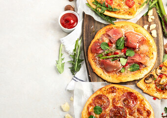 Set of delicious homemade pizzas.