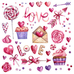 Watercolor set of bright romantic elements - hearts, sweets, arrows, cupcakes, calligraphy. Cute hand-drawn illustrations for valentines day, romantic event or wedding.