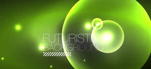 Shiny neon geometric abstract background. Glowing lights on round shapes, triangles and circles. Wallpaper for concept of AI technology, blockchain, communication, 5G, science, business