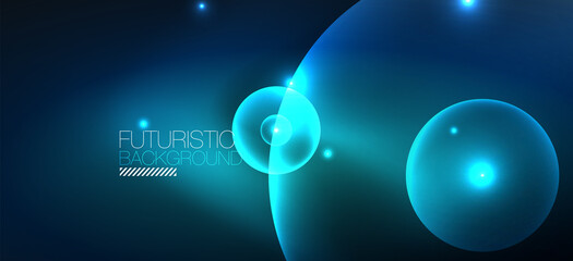 Abstract background with neon glowing light effects. Round shapes, triangles and circles. Wallpaper for concept of AI technology, blockchain, communication, 5G, science, business and technology