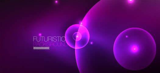 Abstract background with neon glowing light effects. Round shapes, triangles and circles. Wallpaper for concept of AI technology, blockchain, communication, 5G, science, business and technology