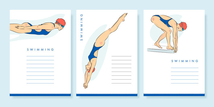 Swimming vertical poster or banner collection. Vector illustration of beautiful young athletic woman in blue swimsuit. Swimming competition concept