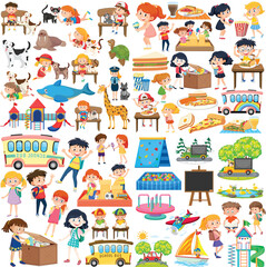 Obraz na płótnie Canvas Set of different cute kids and objects