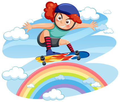 A girl playing skateboard on rainbow