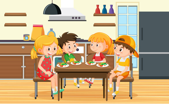 Children having meal in kitchen