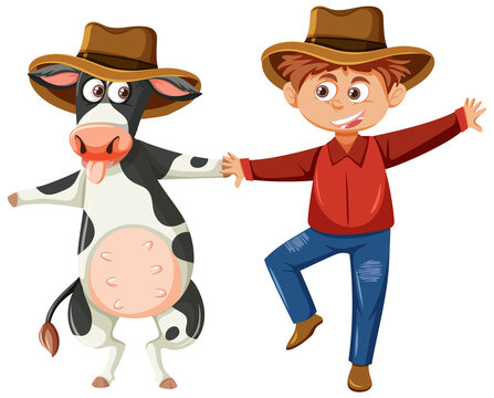 A farmer man and cow cartoon character