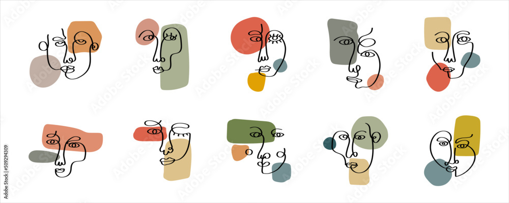 Poster set of continuous one line faces illustration design. contemporary abstract shapes with doodle hand 