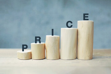 price goes up. money concept. word wood type.