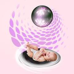 Contemporary art collage of child dancing under disco ball with light