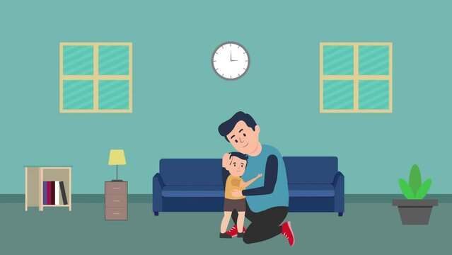 Father and son hugging each other 4K animation. House interior with man flat character 4K footage. Home interior with a sofa, wall clock, bookshelf, and flat male character hugging animated video.