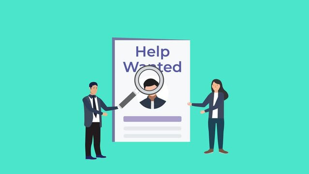 Help wanted animation with two businessmen. Employee searching for a new worker with a big magnifying glass 4K footage. Searching for wanted person, Business recruitment concept animated video.