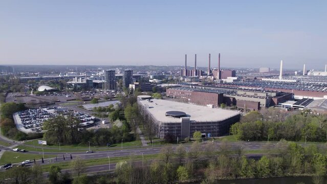 Aerial View Of Autostadt Museum And Turmfahrt in der Autostadt In Wolfsburg, Germany