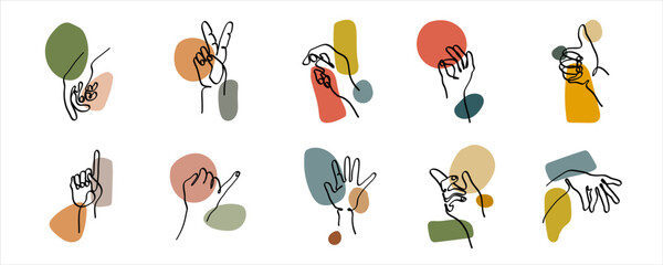 set of hand gestures is created with colored abstract shapes. simple hand drawn illustrations for wall art decoration and print. collection of gestures for symbols and communication - obrazy, fototapety, plakaty