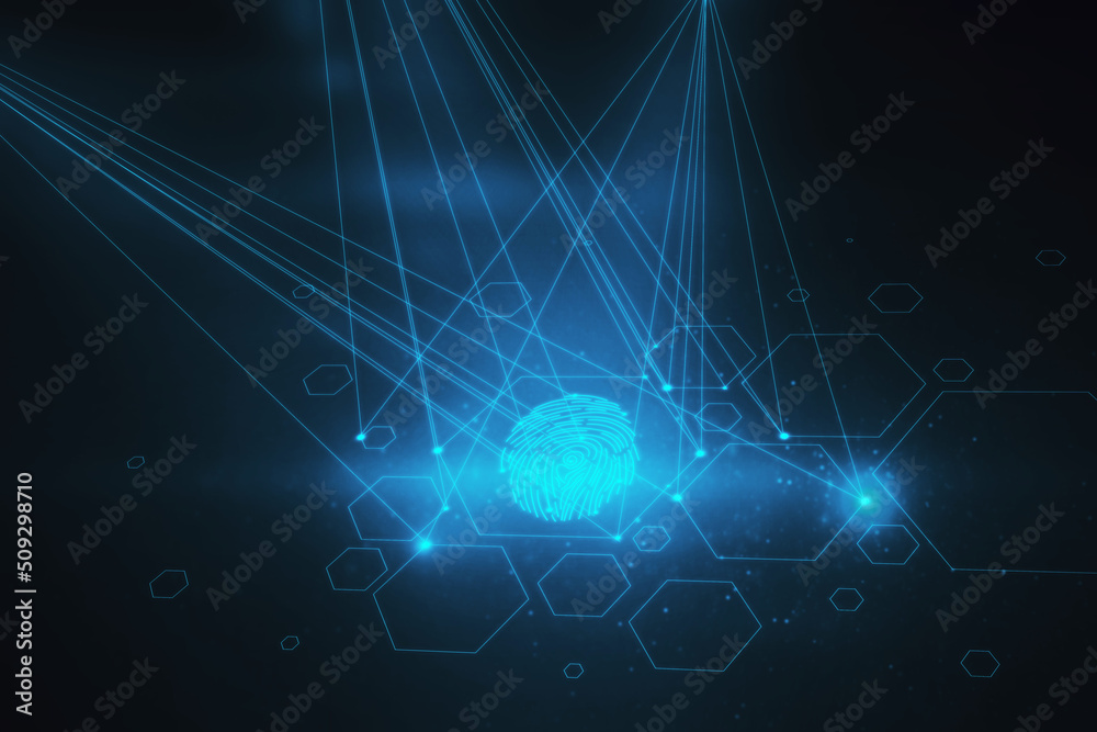 Poster Creative digital fingerprint hologram on dark background with lines. Cyber datanase and access concept. 3D Rendering.