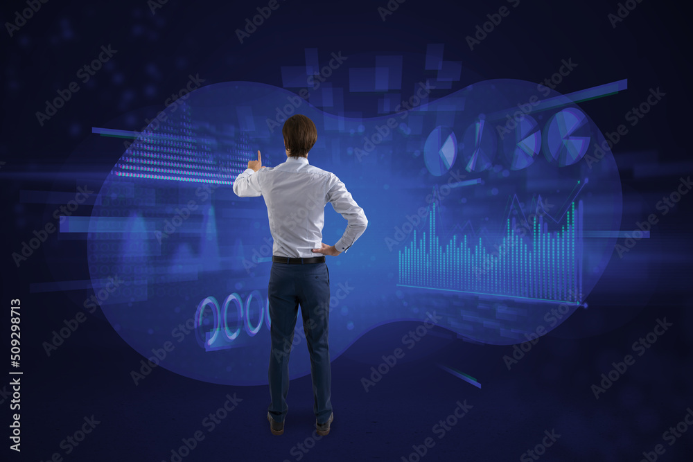 Aufkleber  business man using abstract glowing digital business chart and graph metaverse hologram on blurry background with geometric pattern and bokeh circles. Finance, trade, cyberspace and future concept.