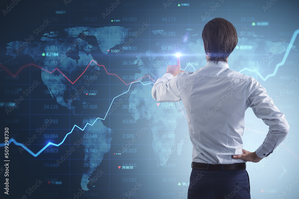 Poster Forex market, analytics and global trading concept with trader back view touching digital wall screen with world map template and financial chart indicators and graphs