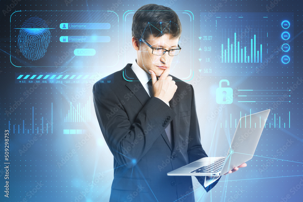 Poster portrait of thoughtful european businessman with laptop and face id glowing interface. access, ident